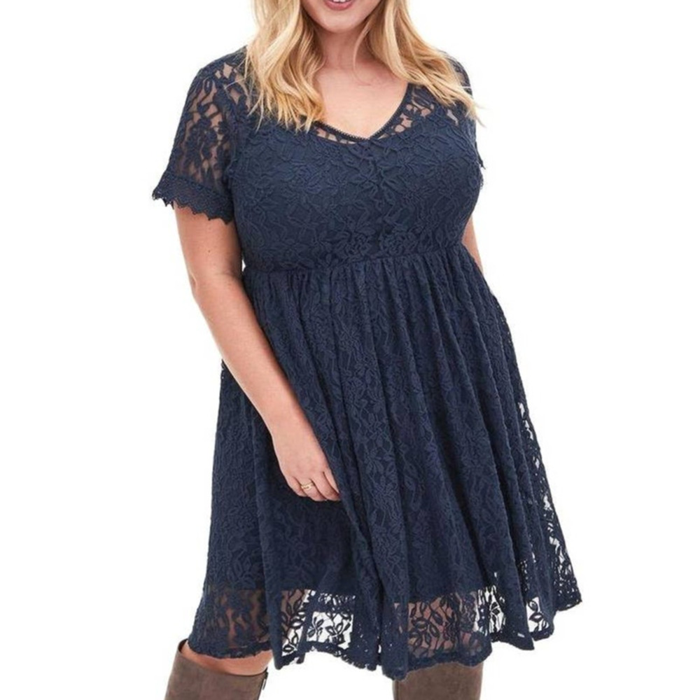 New Torrid 1 (1X 14/16) Blue Lace V Neck Cocktail Party Skater Dress w/Pockets